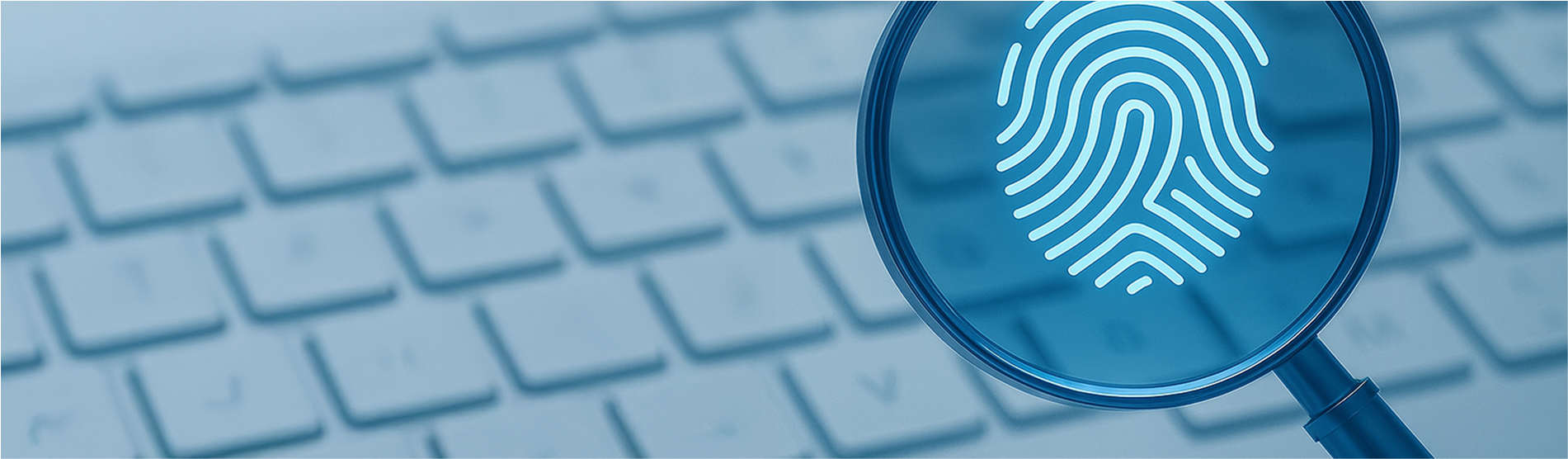 Lupe mit digitalem Fingerabdruck über Computertastatur – Symbol für Digitale Forensik und e-Discovery.