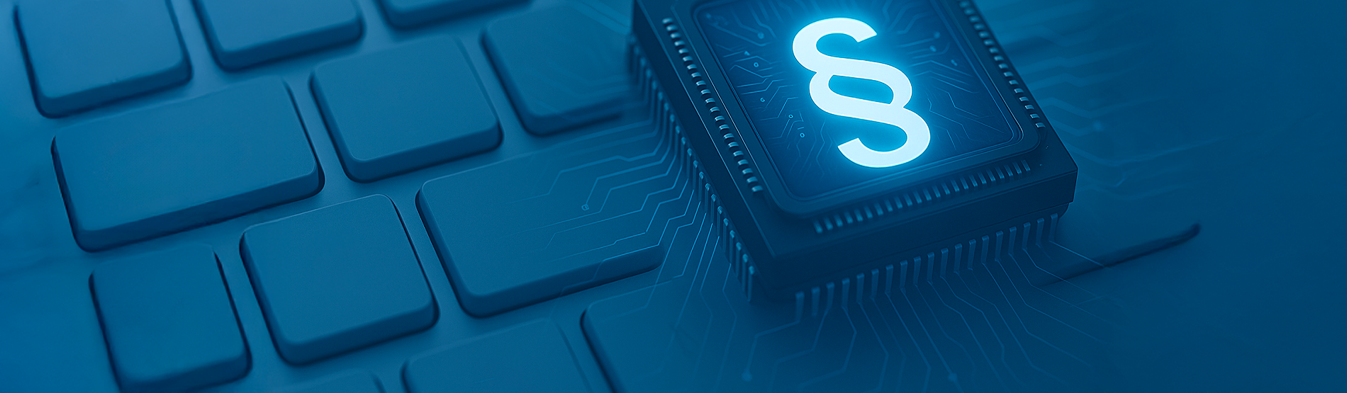 Leuchtender Computerchip mit Paragraph-Symbol auf Tastatur – Symbol für Technologie und IT-Recht.